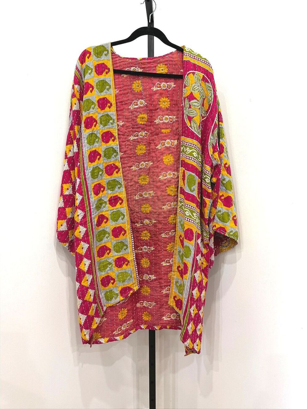 Bohemian Style Multicolor Kantha Quilt Jacket Floral Prints Red Yellow Green